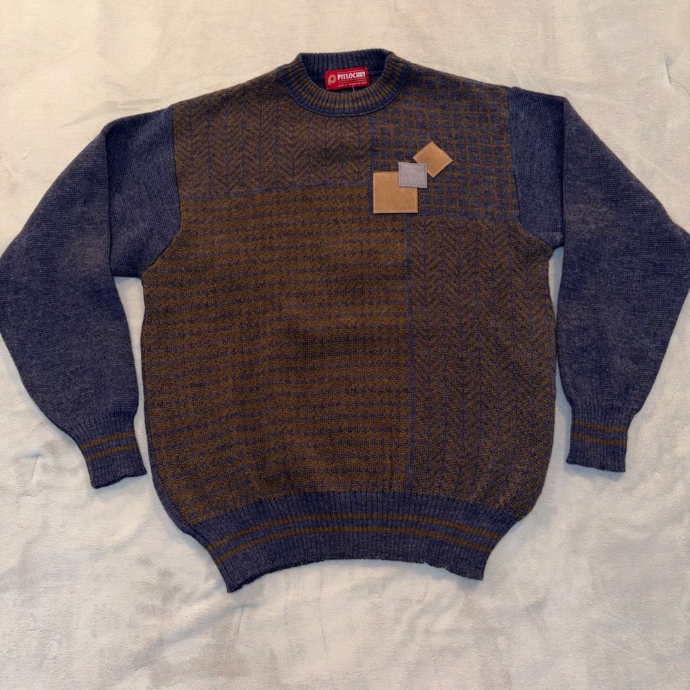 Vintage Pitlochry Pure New Wool Sweater Mens Medium Blue Patterned Made‎ in UK